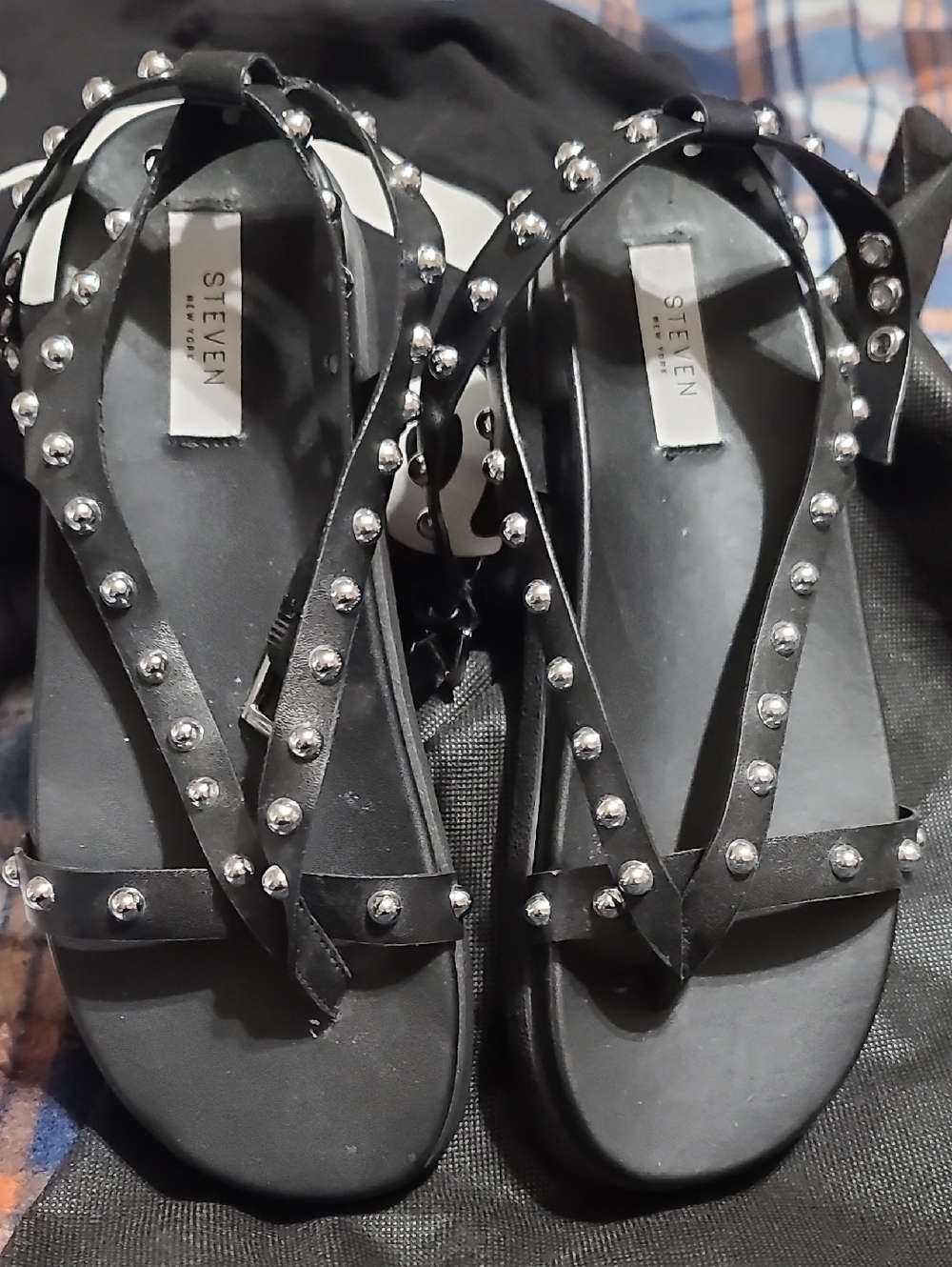 STEVEN NEW YORK Black Studded T-Strap Sandals